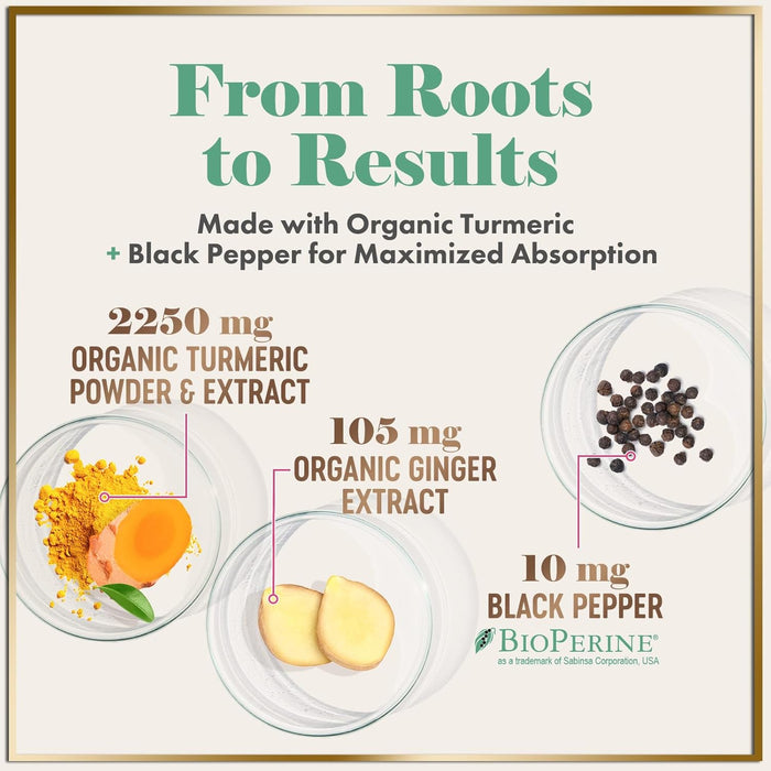 Turmeric Curcumin Supplement with 95% Curcuminoids, Organic Turmeric & Ginger 1750mg, BioPerine Black Pepper for Best Absorption, Nature's Vegan Joint Support, Non-GMO, Bottled in USA