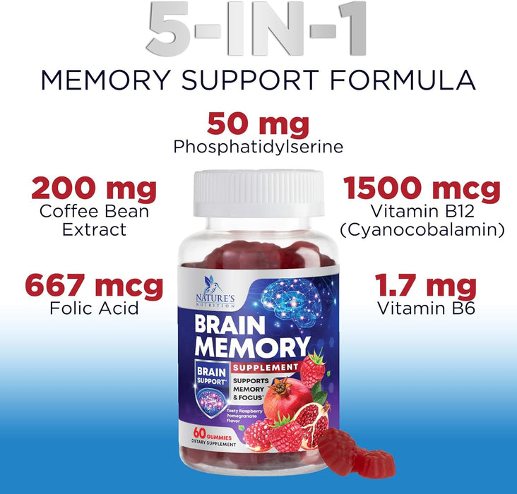 Nature's Nutrition Nootropic Brain Booster Memory Supplement Gummy for Concentration & Mental Focus - Brain Health & Energy with B12, Phosphatidylserine, Coffee Extract, Nature's Vitamins for Men & Women