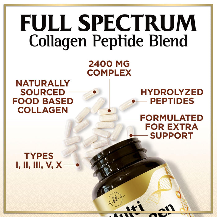 Multi Collagen Peptides for Women – 2400mg Best Hydrolyzed Collagen Complex with 5 Types (I, II, III, V, X) - Grass Fed – Hair, Skin, Nail, Bone & Joint Support for Beauty & Wellness – 60 Capsules