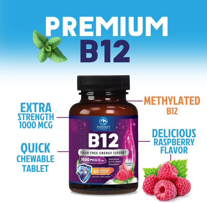 Vitamin B12 1000 mcg (Methylcobalamin) Super B 12 Complex Dietary Supplement For Energy & Immune Support, Vegan, Sugar-Free, Sublingual, Tasty Raspberry Flavor