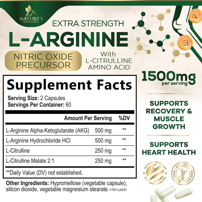 L-Arginine Supplement 1000mg - Heart Health Support - Premium Muscle Supporting Nitric Oxide Precursor Booster for Extra Strength - Gluten Free, Amino Acid Energy Blend For Men