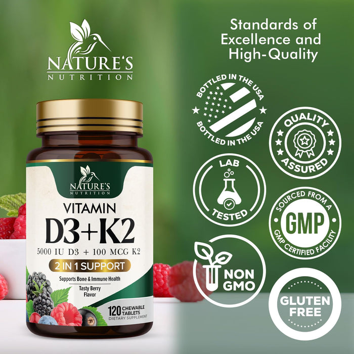Vitamin D3 K2 | 5000 IU D3 + K2 100 mcg | MK-7 K2 with Vitamin D | Supports Immune – 120 Tablets