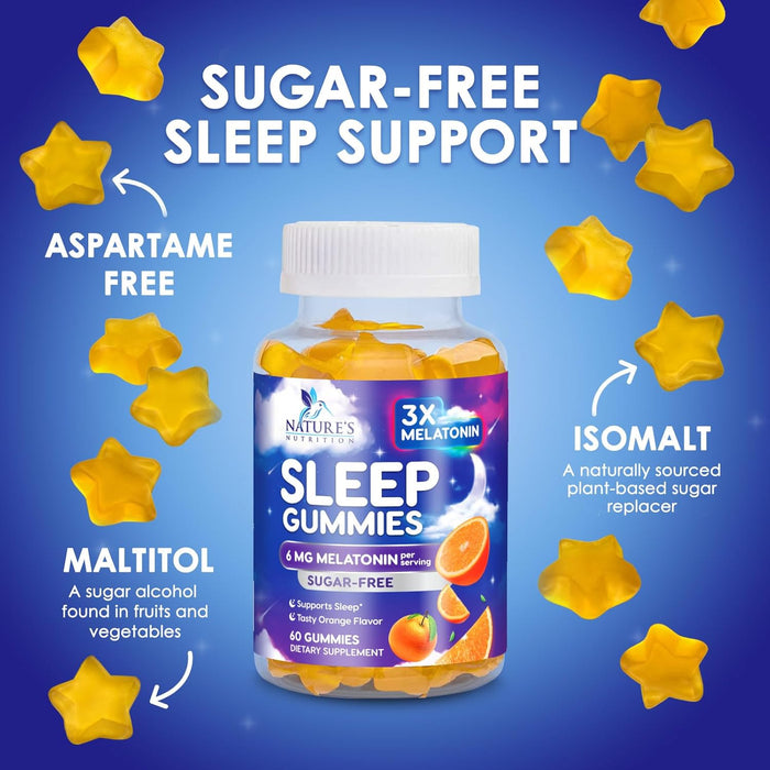 Sleep Melatonin Gummies for Adults Sugar Free - Natural Melatonin Sleep Gummy, Extra Strength Gummy Supplements, Sleep Support Vitamin Supplement, Vegan, Gelatin Free, 6mg, Sleep Gummies - 60 Gummies