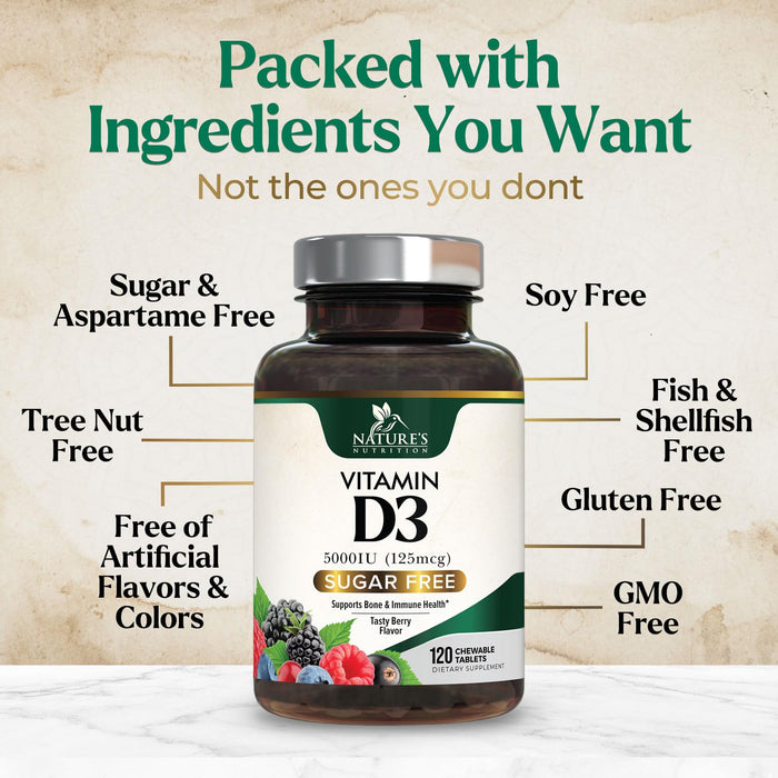 Vitamin D3 5000 IU (125 mcg) Nature's Vitamin D Chewable for – 120 Count Tablets