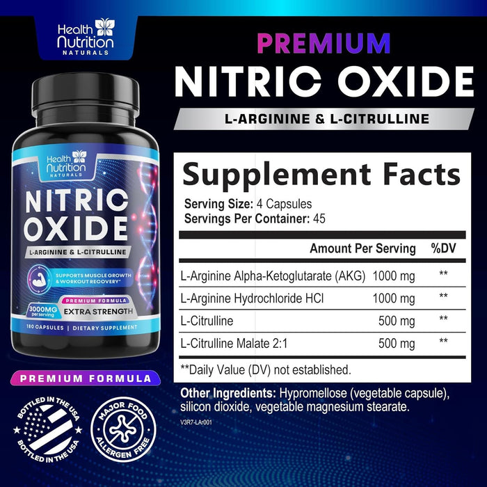 Extra Strength Nitric Oxide Supplement 3X Strength L Arginine, Citrulline Malate, AAKG, Beta Alanine - Premium Muscle Supporting Nitric Booster - Natural Energy & Heart Health Support - 180 Capsules