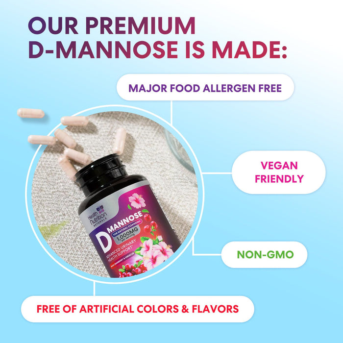 D-Mannose Supplement 1,350mg with Cranberry, Hibiscus & Dandelion - Fast-Acting, Natural Bladder & Urinary Tract Support for Women & Men – Flush & Cleanse Impurities – Non-GMO, Vegan – 60 Capsules