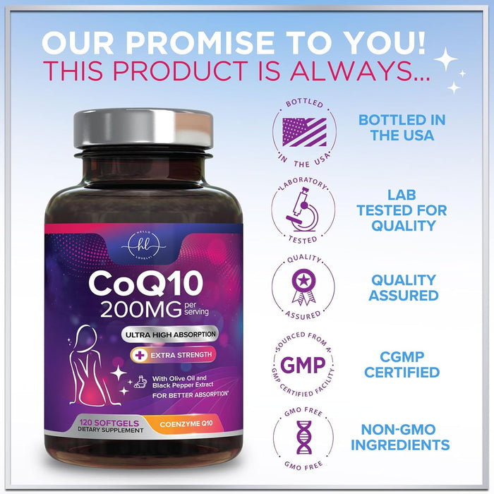 CoQ10 200mg Softgels - Ultra High Absorption, Antioxidant for Heart Health & Energy Production Support - Coenzyme Q10 (Ubiquinone) Co Q 10 Supplement and Vitamins 100mg Each - Non GMO