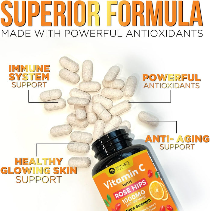 Extra Strength Vitamin C 1000 mg - Chewable Vita C for Powerful Immune Support with Vitamin C & Rose HIPS - Potent Dietary Chewable Vitamin C Supplement, Vegan, Gluten-Free, Non-GMO