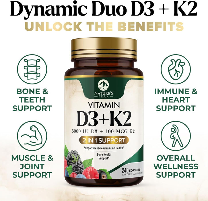 D3 K2 Vitamin 5000 IU | 2-in-1 Vitamin D 5000iu & Mk7 Vitamin K 100 mcg Dietary Supplement for Bone & Immune Support, Bottled in USA, Easy to Swallow, Gluten Free, Non-GMO