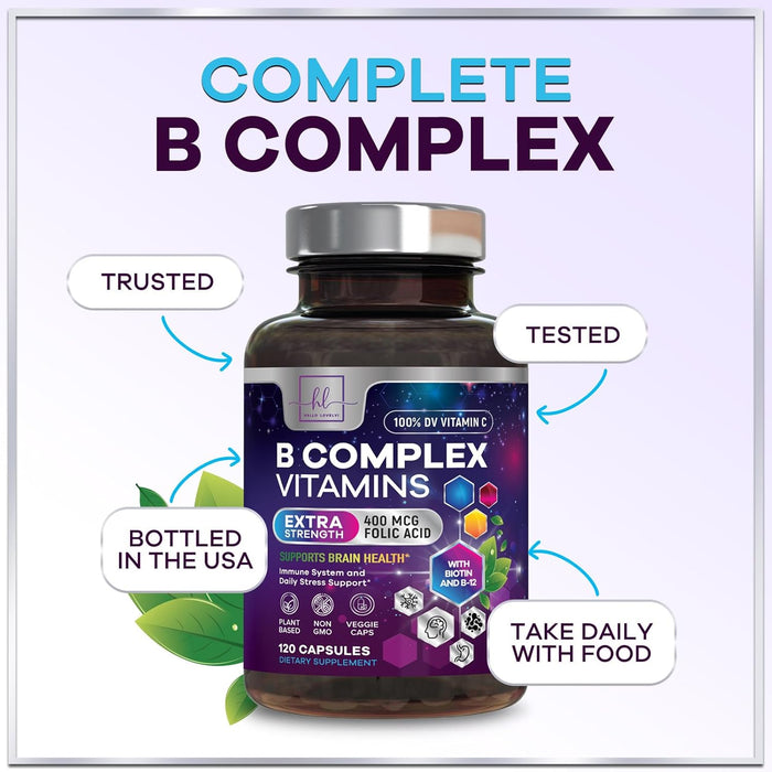 B Complex Vitamin Supplement 1000mcg - 3X Strength with Vitamin C & Folic Acid - Super B12 Complex Vitamins for Energy, Supports Hair Growth, Immune Support for Women & Men, USA Bottled, 120 Capsules