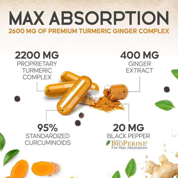Health Nutrition Turmeric Curcumin 2600mg with Ginger & Black Pepper - 95% Standardized Curcuminoids, BioPerine for Max Absorption, Herbal Supplement for Joint Support, Tumeric Extract