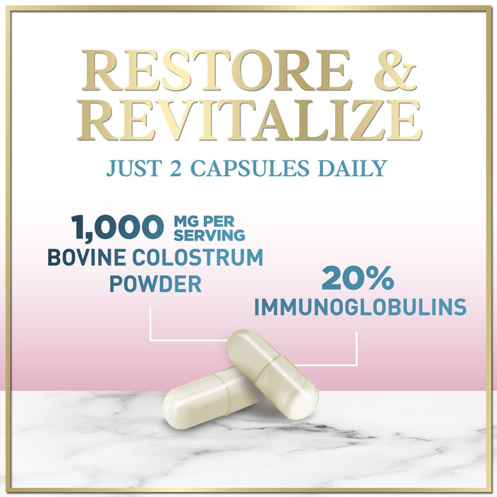 Colostrum 1000mg 20% IgG Immunoglobulins - Gut Health, Digestion & Immune Support, Bovine Colostrum Powder for Women, Muscle, Skin & Hair Growth Support, Bottled in The USA, Gluten Free - 60 Capsules
