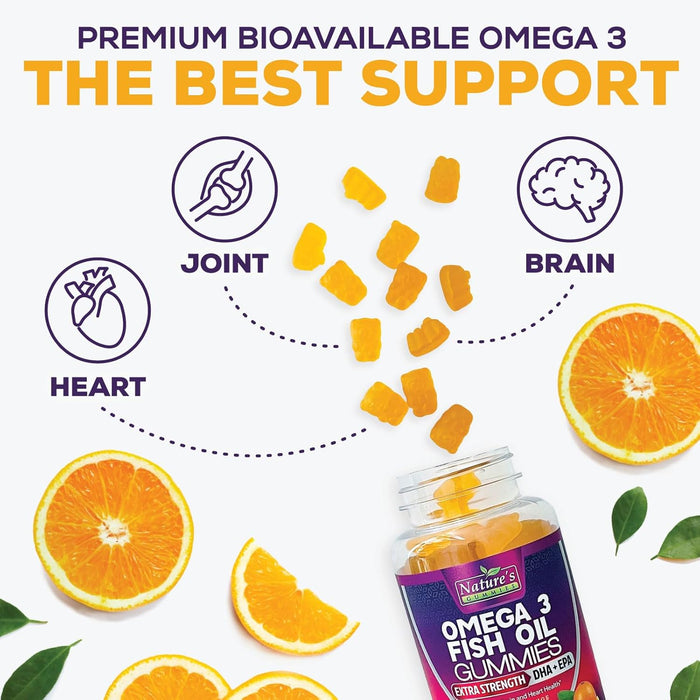 Omega 3 Fish Oil Gummies, Extra Strength Omega Fish Oil Supplement, High Absorption for Joint, Heart & Brain Support, Nature's Heart Healthy Omega 3s DHA EPA Gummy Vitamin, Orange Flavor