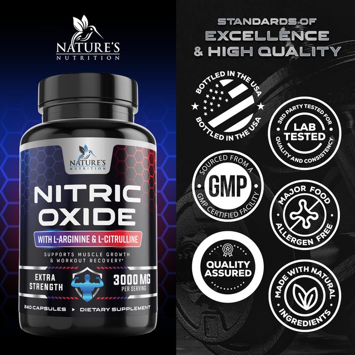 Nitric Oxide Formula with L-Arginine + Citrulline – 3000mg – 240 Capsules