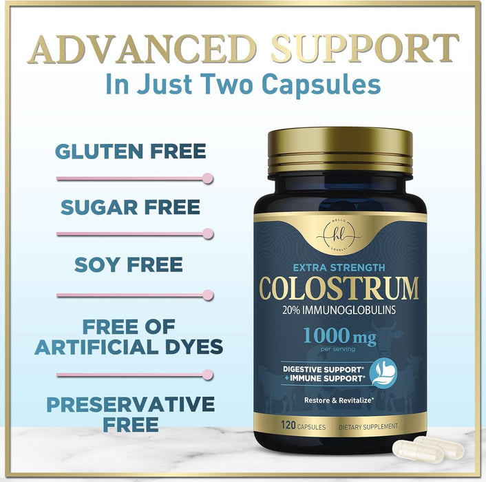 Colostrum for Women 1000mg 20% Immunoglobulins - Gut Health, Immune Support, Muscle, Skin & Hair Growth, Bottled in USA, Bovine Colostrum Powder, Colostrum Supplement for Women & Men
