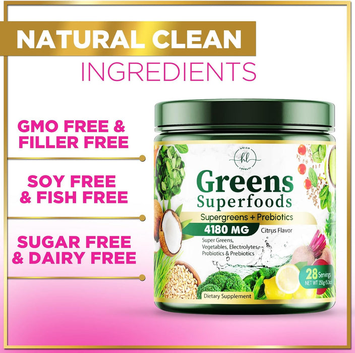 Hello Lovely! Greens Blend Superfood - Super Greens Powder Smoothie Mix, Energy & Digestive Health Support w/Probiotics, Organic Spirulina, Chlorella, Beet Root, Vegan Green Powder - 28 Servings