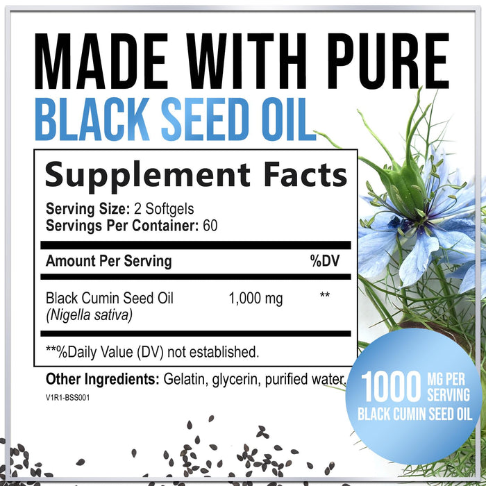 Black Seed Oil Softgels 1000mg - Premium Nigella Sativa Blackseed, Pure Natural Black Cumin Seed Oil & Antioxidant for Skin & Immune Support - Non GMO, Bottled in USA Supplement - 120 Softgels