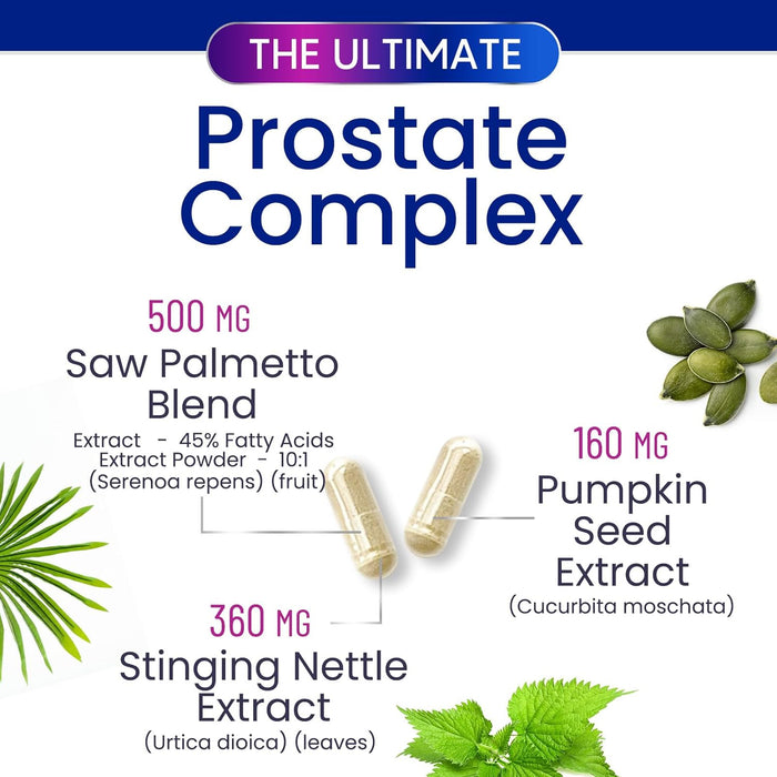 Prostate Health Supplements for Men - Potent 3X Formula with Saw Palmetto, Stinging Nettle, Pumpkin Seed Extract, Bottled in USA, Prostate Supplement for Urinary Support, Vegan, Non-GMO