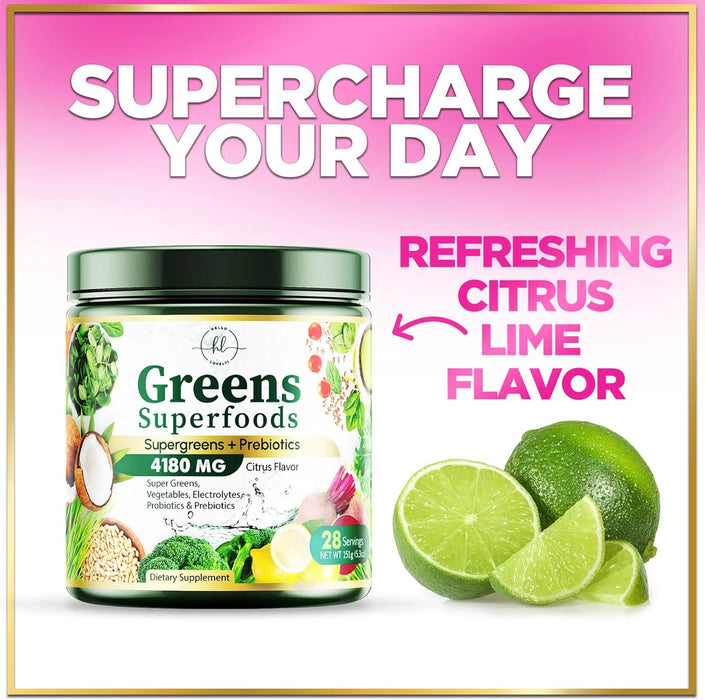 Hello Lovely! Greens Blend Superfood - Super Greens Powder Smoothie Mix, Energy & Digestive Health Support w/Probiotics, Organic Spirulina, Chlorella, Beet Root, Vegan Green Powder - 28 Servings
