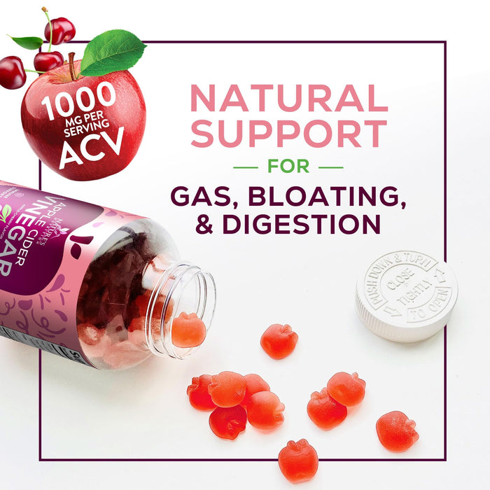 Vegan Apple Cider Vinegar Gummy 1000mg - Sugar Free ACV Gummies Vitamins Supplement with Vitamin B12 for Energy - Supports Digestion, Detox and Cleanse - Gelatin-Free, Non-GMO - 60 Gummies