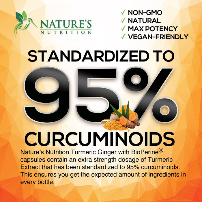Turmeric Curcumin Supplement 2600mg with Organic Ginger & Turmeric, BioPerine Black Pepper Extract 95% Curcuminoids - Advanced Absorption Joint & Antioxidant Extra Strength Support - 60 Capsules