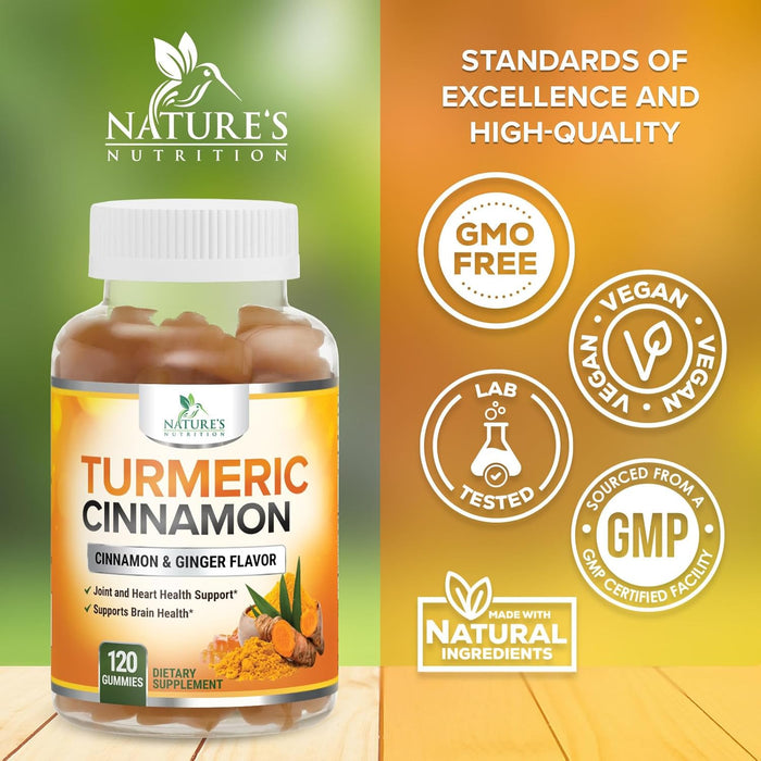 Turmeric Curcumin with Cinnamon & Ginger Gummies 95% Curcuminoids Black Pepper for Max Absorption Joint Support, Nature's Tumeric Herbal Extract Supplement Gummy Capsules, Vegan, Non-GMO - 60 Gummies