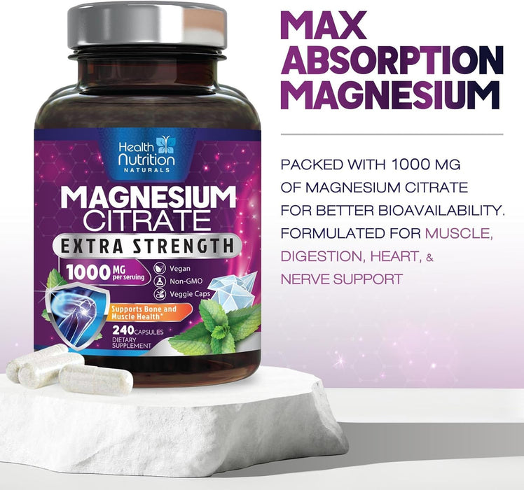 Magnesium Citrate 1000mg - Max Strength Magnesium Capsules for Muscle, Nerve, Bone and Heart Health Support, Natural Sleep Support, High Absorption Citrate Oxide Powder Complex