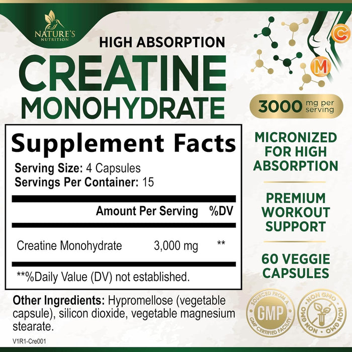 Creatine Monohydrate Capsules 3000mg – Best Micronized Creatine Powder - Supports Lean Muscle, Strength, Energy, & Endurance - Nature's Supplement, Non-GMO, Gluten Free for Women & Men