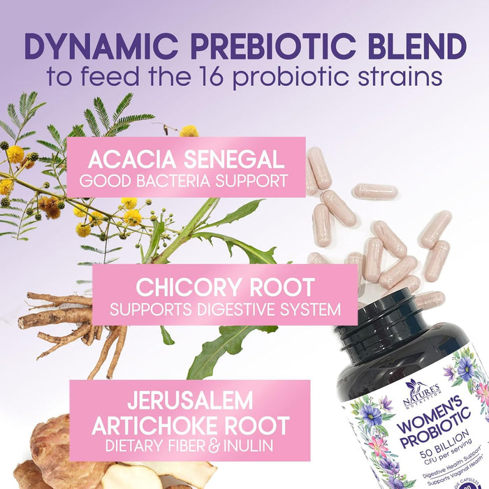 Probiotics for Women 50 Billion CFU - Digestive Health, Vaginal pH & Immune Support, Prebiotics & Cranberry, Gut Health & Urinary Support, 5 Strains, Shelf Stable Women's Probiotic - 60 Capsules