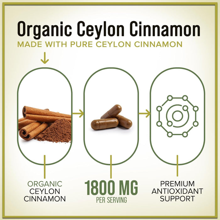 Ceylon Cinnamon Capsules Supplement 1800mg - Certified Organic Ceylon Cinnamon Powder Pills - Energy & Heart Support for Women & Men, Bottled in USA, Antioxidant, Gluten Free, Non-GMO - 60 Capsules