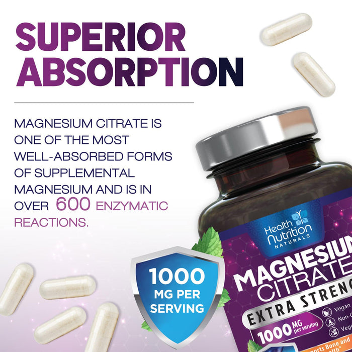Magnesium Citrate Capsules 1000mg - Max Absorption Magnesium Powder for Muscle, Nerve, Bone and Heart Health Support, High Absorption Citrate Complex, Gluten Free, Non-GMO - 180 Capsules