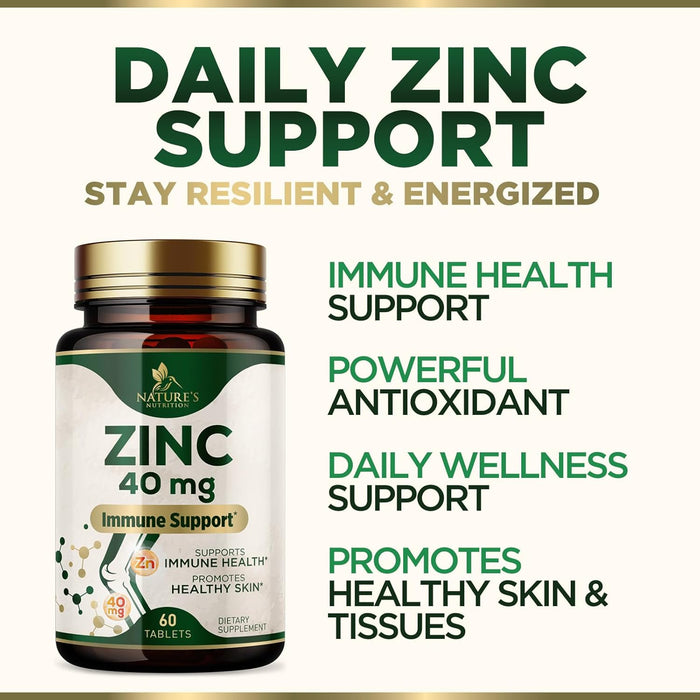Zinc 40mg Supplements for Women and Men, Supplement for Immune Health Support, Skin Health Support, & Antioxidant Supplement for Adults with Zinc Gluconate 40 mg, High Potency, Non-GMO