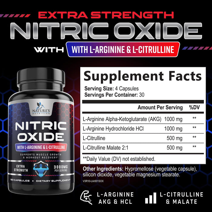 Nitric Oxide Formula with L-Arginine + Citrulline – 3000mg – 120 Capsules