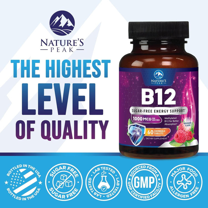 Vitamin B12 1000 mcg (Methylcobalamin) Super B 12 Complex Dietary Supplement For Energy & Immune Support, Vegan, Sugar-Free, Sublingual, Tasty Raspberry Flavor