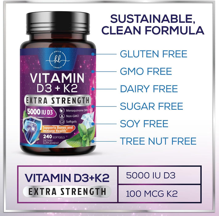 Vitamin D3 K2 Supplement - 5000 IU D3 & 100mcg K2 (MK7) 2-in-1 Vitamin D & K Complex for Calcium Absorption, Bone, Teeth, Heart & Immune Support, Easy to Swallow, Non-GMO & Gluten Free