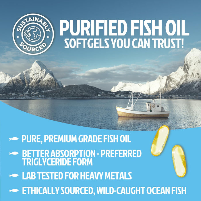 Omega 3 Fish Oil 2400 mg - Triple Strength Omega3, EPA & DHA Fatty Acids Supplement - Natural Support for Immune, Heart & Brain Health - Wild Caught, Non-GMO, Lemon Flavor, Burpless - 120 Softgels