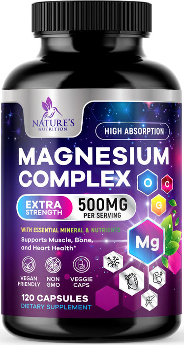 Magnesium Complex Supplement 500 mg - 5 in 1 High Absorption Chelated Magnesium Glycinate, Malate, Citrate, Oxide, Aquamin - Non-GMO Magnesio Capsules, Bone Muscle & Heart Health Support, 120 Capsules