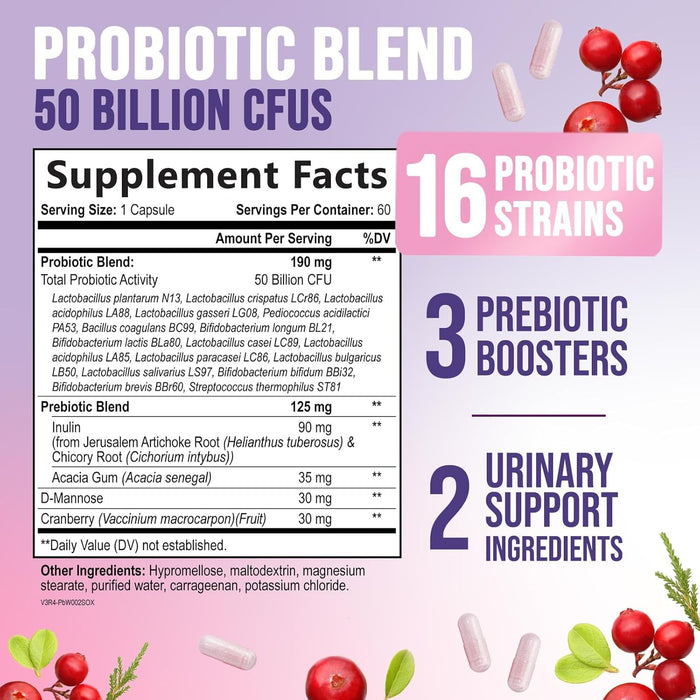 Probiotics for Women 50 Billion CFU - Digestive Health, Vaginal pH & Immune Support, Prebiotics & Cranberry, Gut Health & Urinary Support, 5 Strains, Shelf Stable Women's Probiotic - 60 Capsules