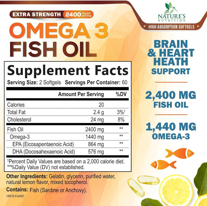 Omega 3 Fish Oil 2400 mg – Triple Strength EPA & DHA Fatty Acids for Heart, Brain & Joint Support – Wild-Caught, Burpless, Lemon Flavor Supplement – Natural, Non-GMO, Gluten-Free – 120 Softgels