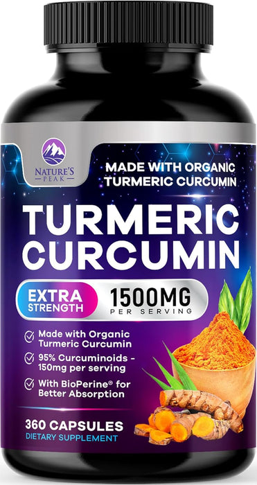 Turmeric Curcumin Supplement with Organic Turmeric - 95% Curcuminoids & BioPerine Black Pepper for High Absorption, Nature's Vegan Joint Support, 1500mg Tumeric Non-GMO, Bottled in USA