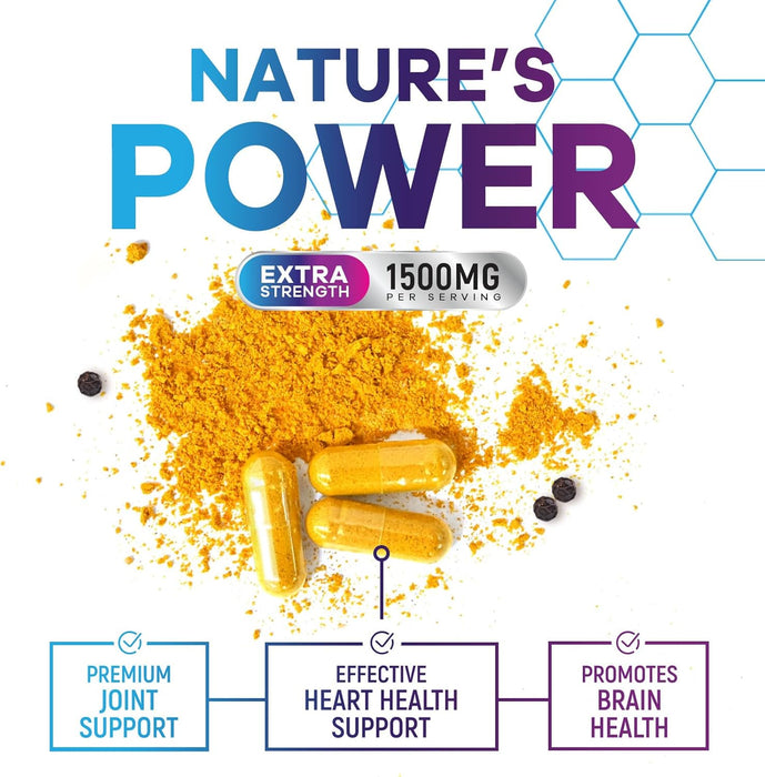 Turmeric Curcumin Supplement with Organic Turmeric - 95% Curcuminoids & BioPerine Black Pepper for High Absorption, Nature's Vegan Joint Support, 1500mg Tumeric Non-GMO, Bottled in USA
