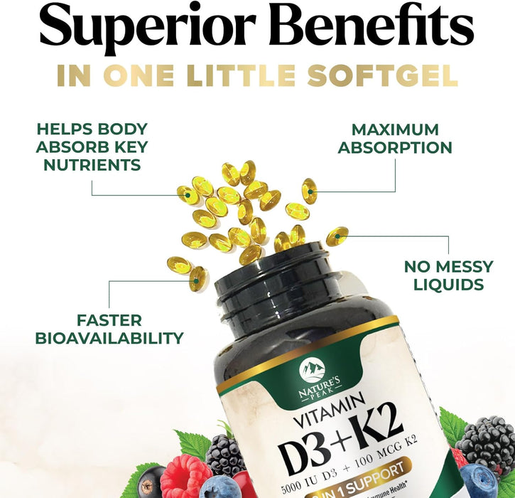 D3 K2 Vitamin 5000 IU | 2-in-1 Vitamin D 5000iu & Mk7 Vitamin K 100 mcg Dietary Supplement for Bone & Immune Support, Bottled in USA, Easy to Swallow, Gluten Free, Non-GMO