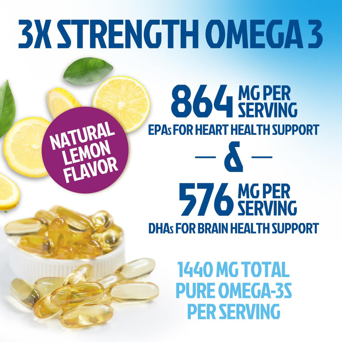 Omega 3 Fish Oil 2400 mg - Triple Strength Omega3, EPA & DHA Fatty Acids Supplement - Natural Support for Immune, Heart & Brain Health - Wild Caught, Non-GMO, Lemon Flavor, Burpless - 180 Softgels