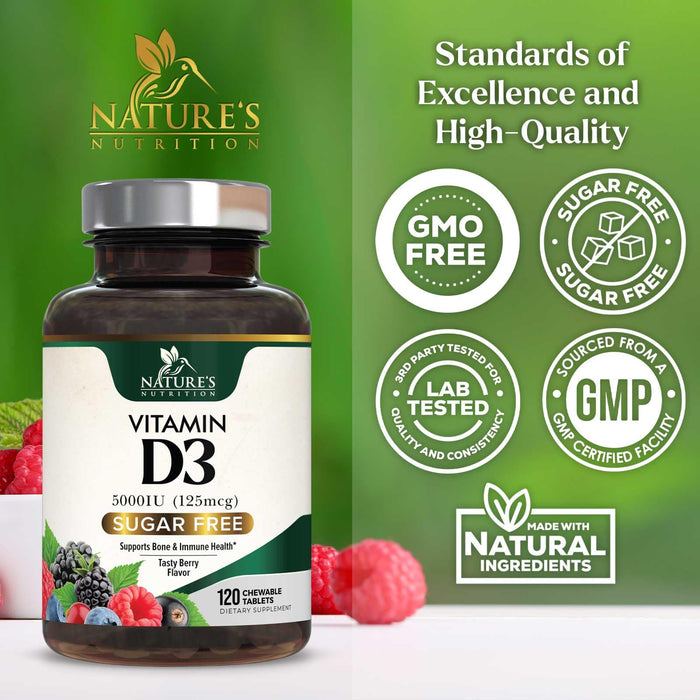Vitamin D3 5000 IU (125 mcg) Nature's Vitamin D Chewable for – 120 Count Tablets