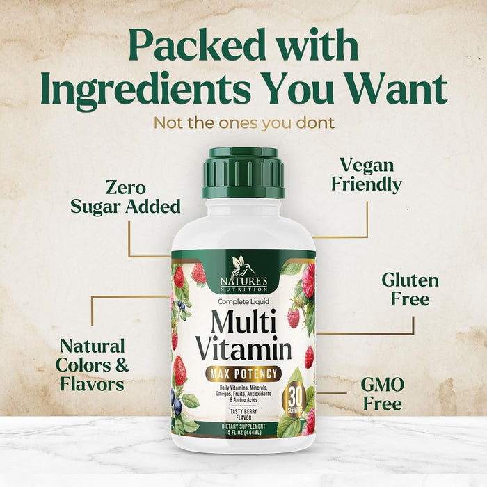 Nature's Multivitamin for Women | Men & Kids | Daily Liquid Multi Vitamin & Minerals with Vitamins A, C, D, E, B-6 & B-12, Womens Beauty Multivitamins & Adults Immune Support, Berry Flavor - 15 Fl Oz
