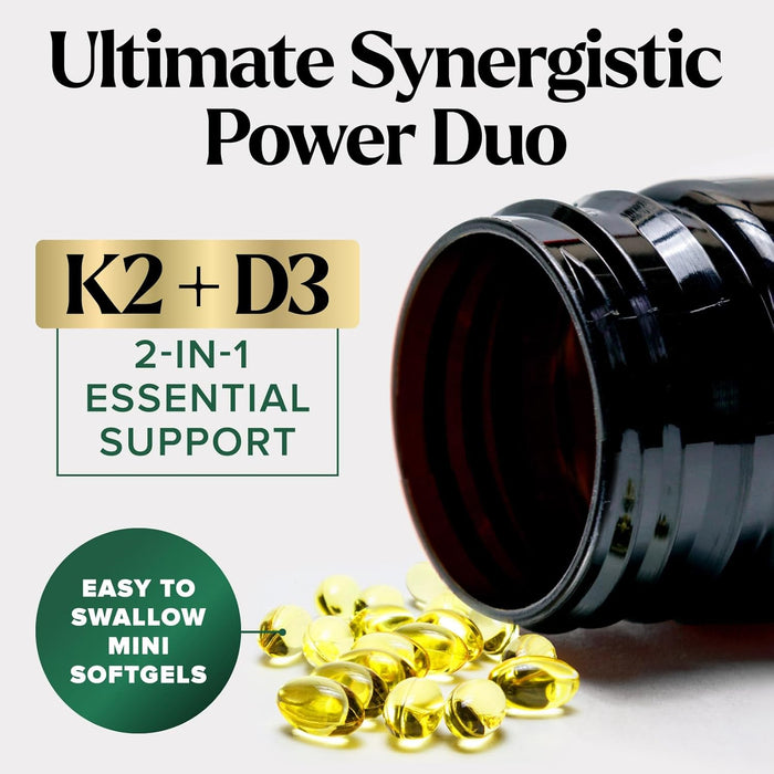 D3 K2 Vitamin 5000 IU | 2-in-1 Vitamin D 5000iu & Mk7 Vitamin K 100 mcg Dietary Supplement for Bone & Immune Support, Bottled in USA, Easy to Swallow, Gluten Free, Non-GMO