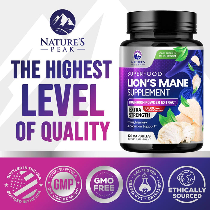 Lions Mane Mushroom Capsules 10,000mg - Lion’s Mane Supplement Capsules for Memory and Focus Support, Brain, Immune Health Support, Vegan, Bottled in USA, Lions Mane Mushroom Powder Extract, 120 Count