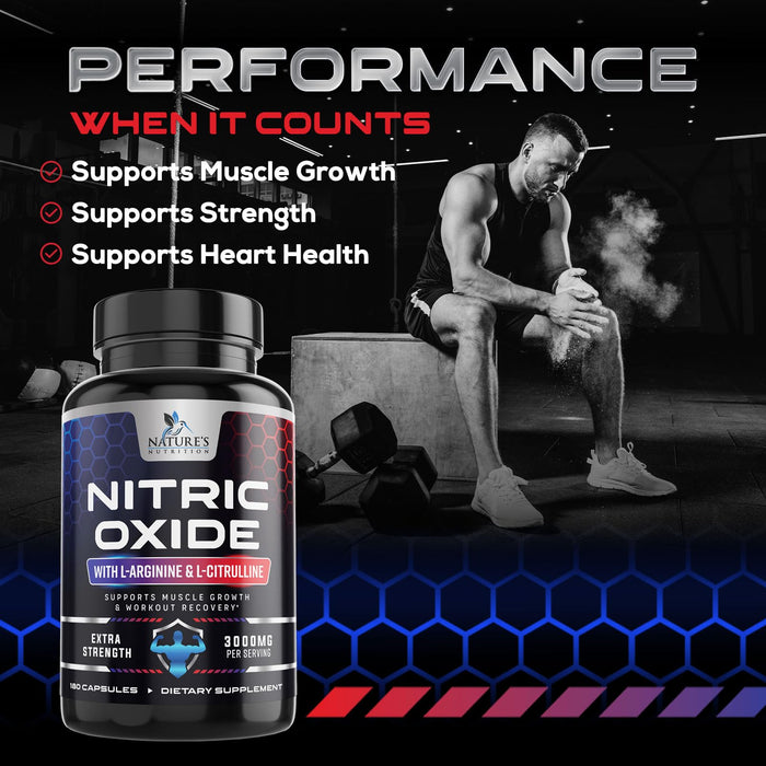 Nitric Oxide Booster Extra Strength 3000mg - L Arginine 3X Strength Nitric Oxide Supplements for Men and Women, Citrulline, Supports Muscle, Heart Health & Energy Supplement, Non-GMO - 180 Capsules