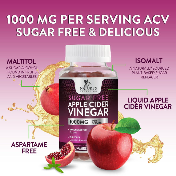Apple Cider Vinegar Gummies for Weight Loss 1000mg - Vegan Apple Vinegar Gummy for Detox & Cleanse, ACV Supplement Pills, Vitamin B12, Sugar Free ACV Gummy, Non-GMO, Nature's Nutrition - 120 Gummies