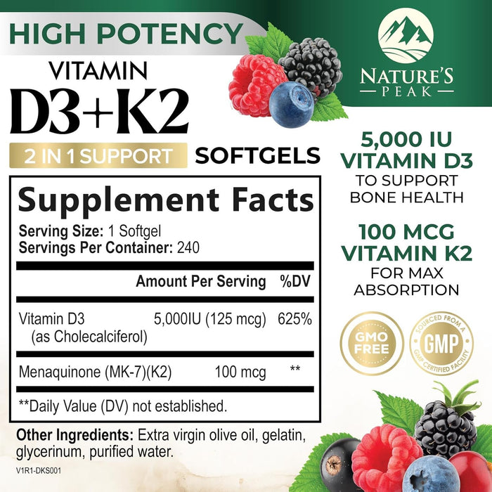 D3 K2 Vitamin 5000 IU | 2-in-1 Vitamin D 5000iu & Mk7 Vitamin K 100 mcg Dietary Supplement for Bone & Immune Support, Bottled in USA, Easy to Swallow, Gluten Free, Non-GMO